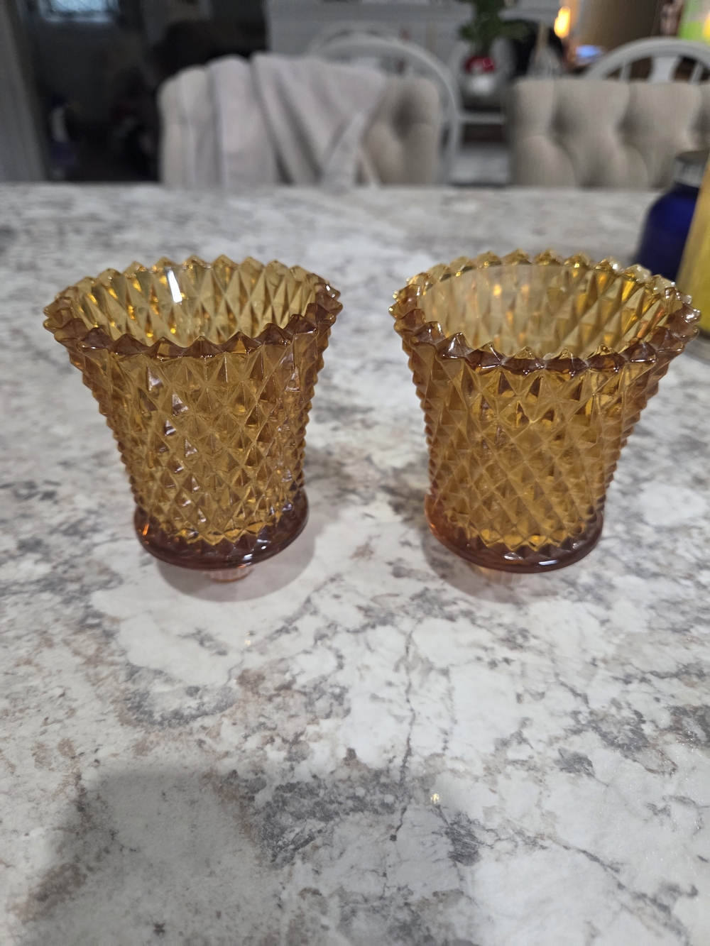 Vintage Amber Diamond Cut Sconce Votive Candle Holder Set Of 2